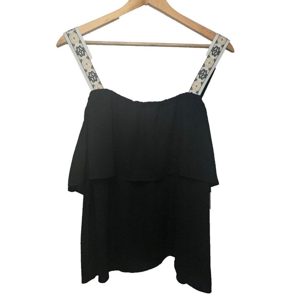 J. Crew Factory Black Layered Top with Embroidered Straps Size 12